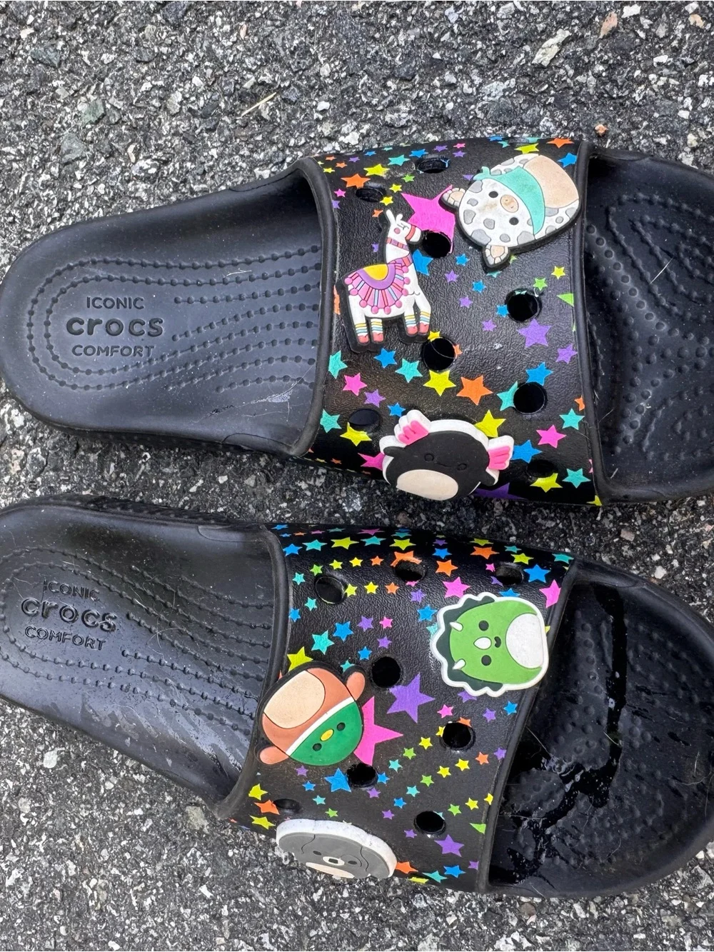 CROCS Kids' Black Slide Sandals with Rainbow Star Print & Squishmallow Jibbitz